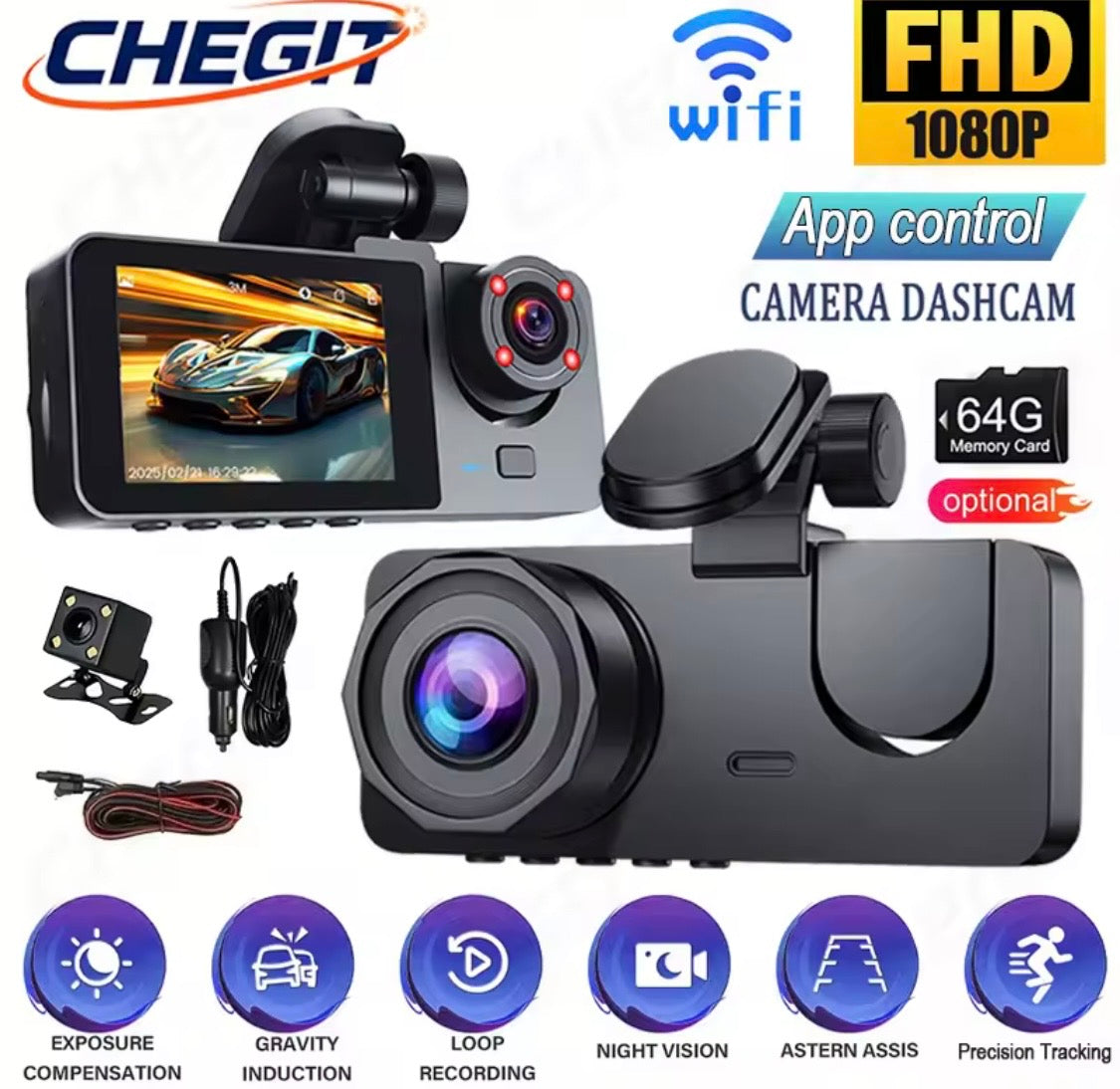Cámara para coche 1080p HD con 3 cámaras